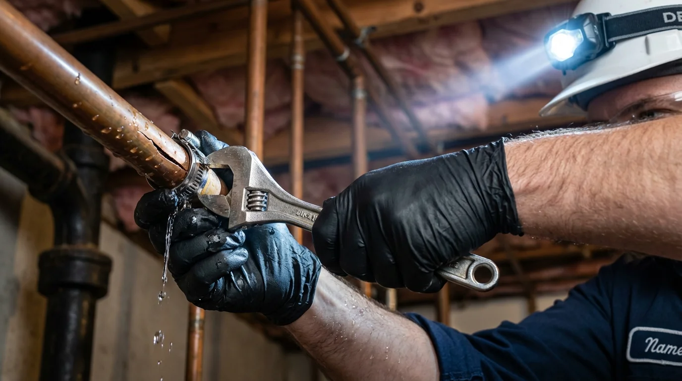 Emergency pipe clamp repair being performed by a Johns Plumbing LLC plumber in Kailua
