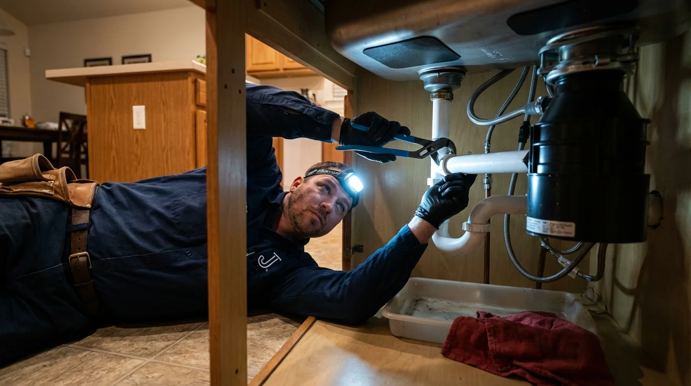 P-trap and supply line connections under a kitchen sink showing a common leak point in Kailua, HI